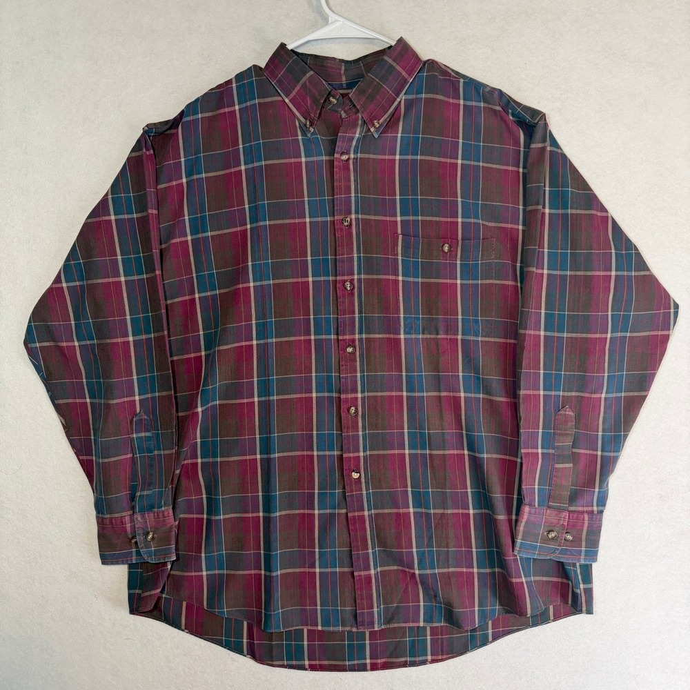 VTG Knightsbridge Mens XL Burgundy Blue Plaid Long Sleeve Button Down Shirt